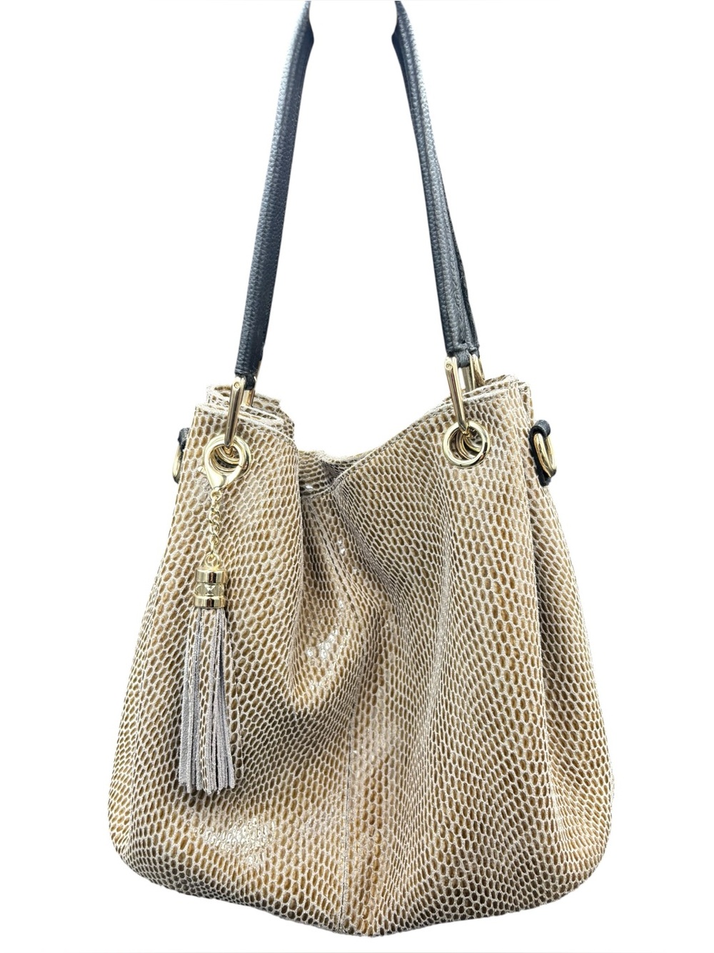 Women's Beige Snake-Texture Tote Bag with Tassel